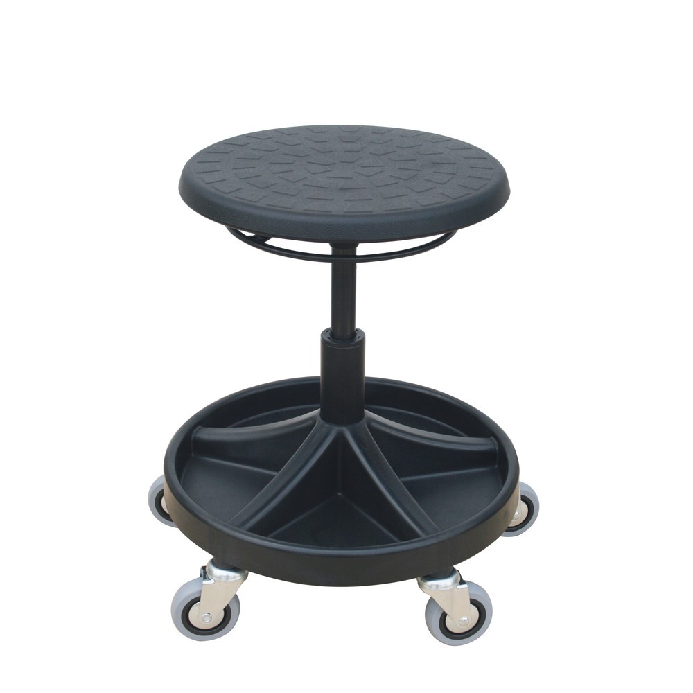Obraz produktu: Taboret obrotowy HEMMDAL, siedzisko z PU, wysokość siedziska 400–530 mm, półka na narzędzia, kółka