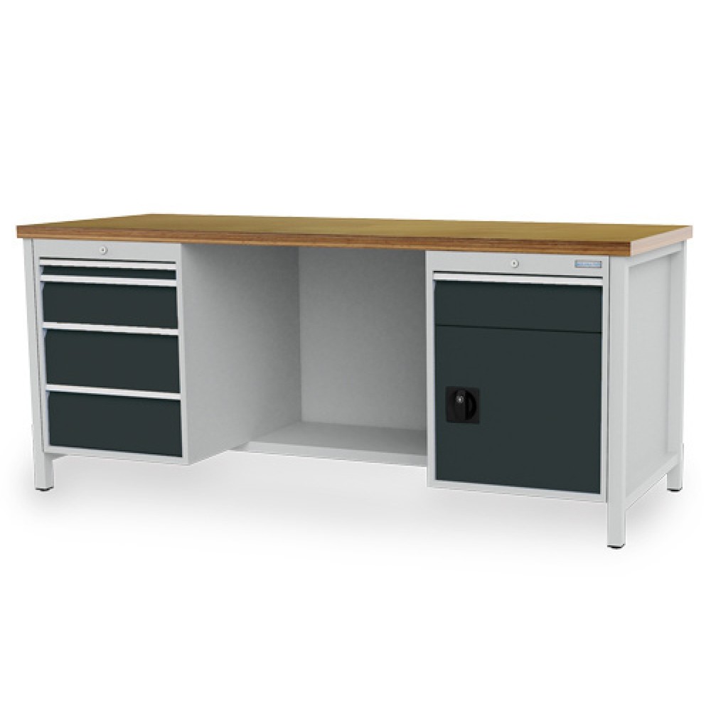 Obraz produktu: Ława warsztatowa Bedrunka+Hirth R 18-24, wys. x szer. x gł. 859 x 2000 x 750 mm, kolor jasnoszary, kolor antracytowoszary, 5 x szuflada 1 x 50 + 2 x 150 + 2 x 200 mm, 1 x drzwi skrzydłowe 1 x 600 mm