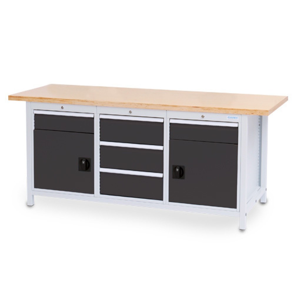 Obraz produktu: Ława warsztatowa Bedrunka+Hirth R 18-24, wys. x szer. x gł. 859 x 2000 x 750 mm, kolor jasnoszary, kolor antracytowoszary, 5 x szuflada 2 x 150 + 3 x 200 mm, 2 x drzwi skrzydłowe 2 x 450 mm