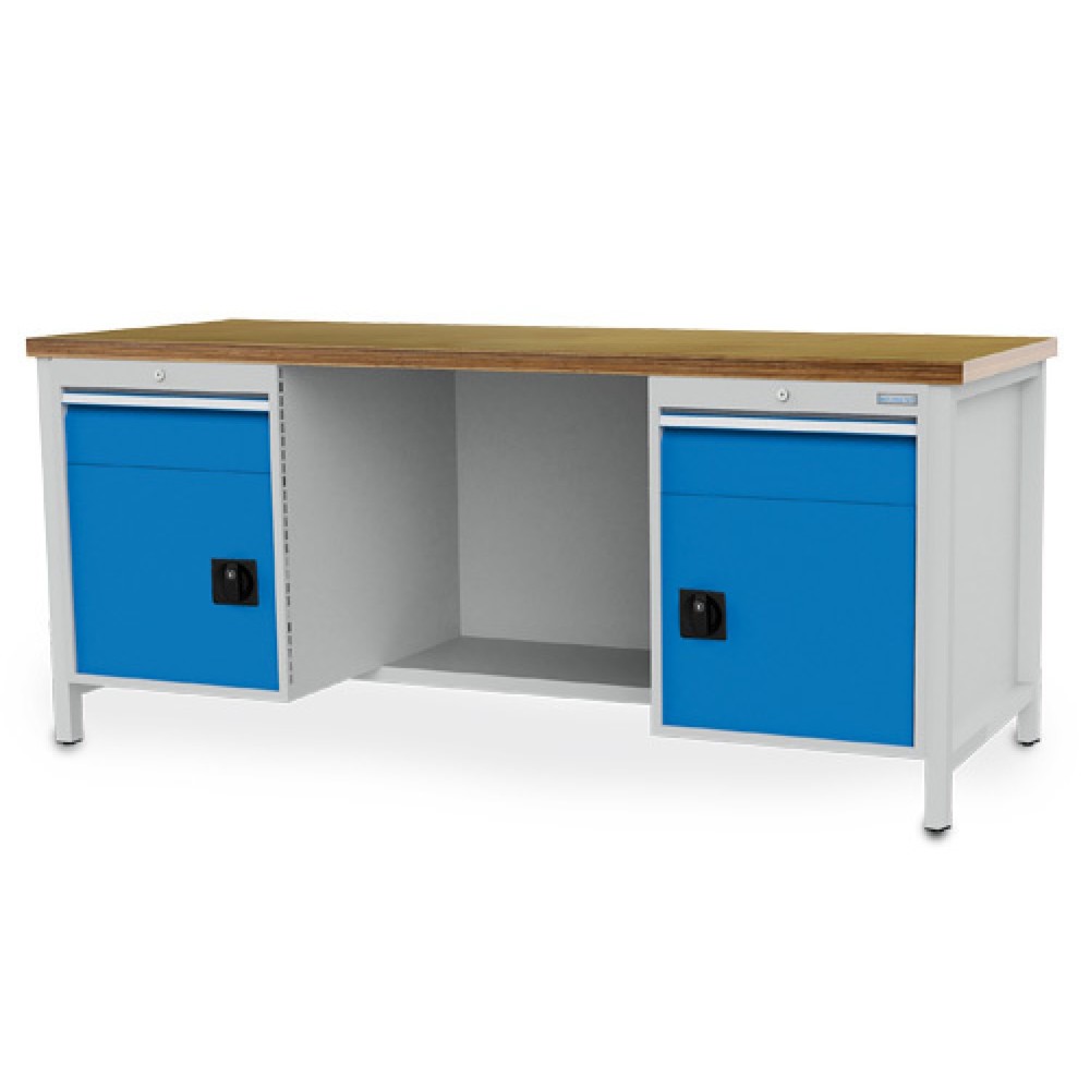 Obraz produktu: Ława warsztatowa Bedrunka+Hirth R 18-24, wys. x szer. x gł. 859 x 2000 x 750 mm, kolor jasnoszary, kolor jasnoniebieski, 2 x szuflada 2 x 150 mm, 2 x drzwi skrzydłowe 2 x 450 mm