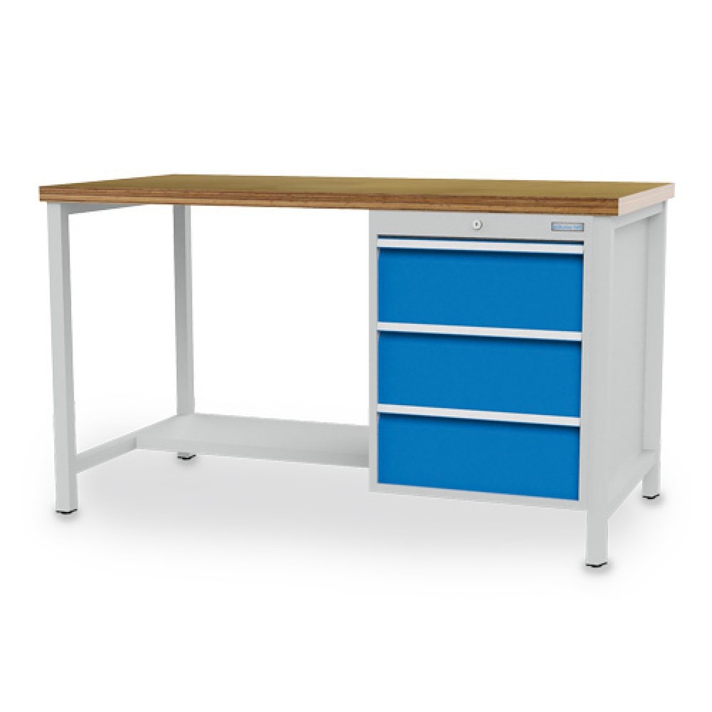 Obraz produktu: Stół warsztatowy Bedrunka+Hirth R 18-24, wys. x szer. x gł. 959 x 1500 x 750 mm, kolor jasnoszary, kolor jasnoniebieski, 3 x szuflada 3 x 200 mm