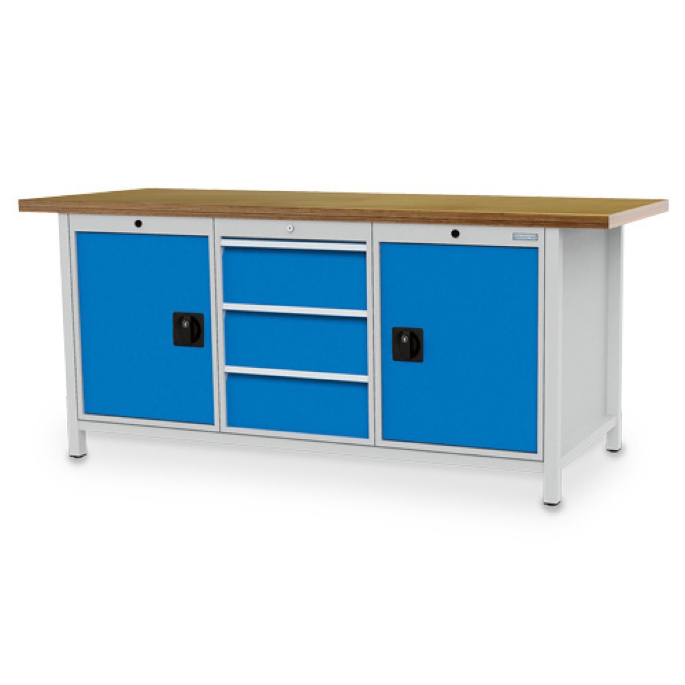 Obraz produktu: Ława warsztatowa Bedrunka+Hirth R 18-24, wys. x szer. x gł. 959 x 2000 x 750 mm, kolor jasnoszary, kolor jasnoniebieski, 3 x szuflada 3 x 200 mm, 2 x drzwi skrzydłowe 2 x 600 mm
