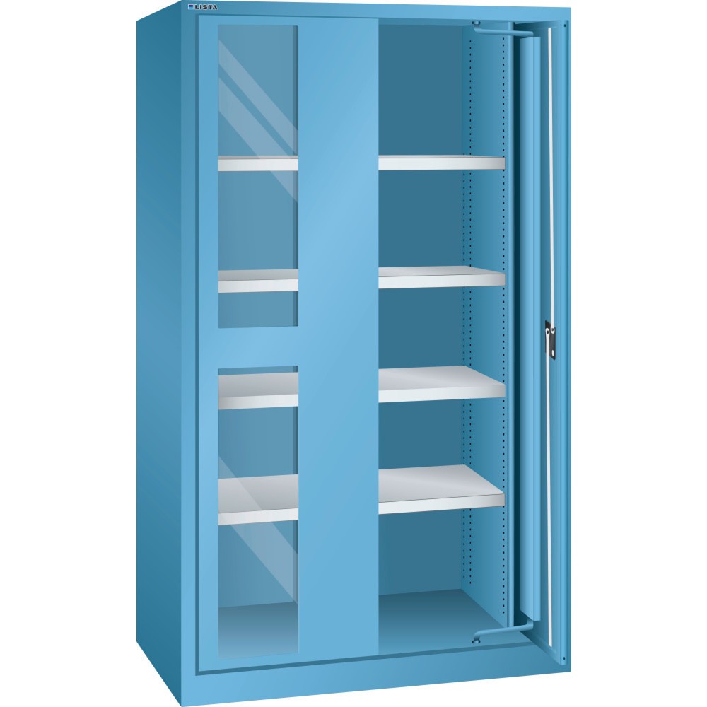 Obraz produktu: LISTA szafa do dużych obciążeń 54x27E, (WxDxH) 1146x690x1950mm, drzwi skrzydłowe, okno podglądu, jasnoniebieski, zamek RFID