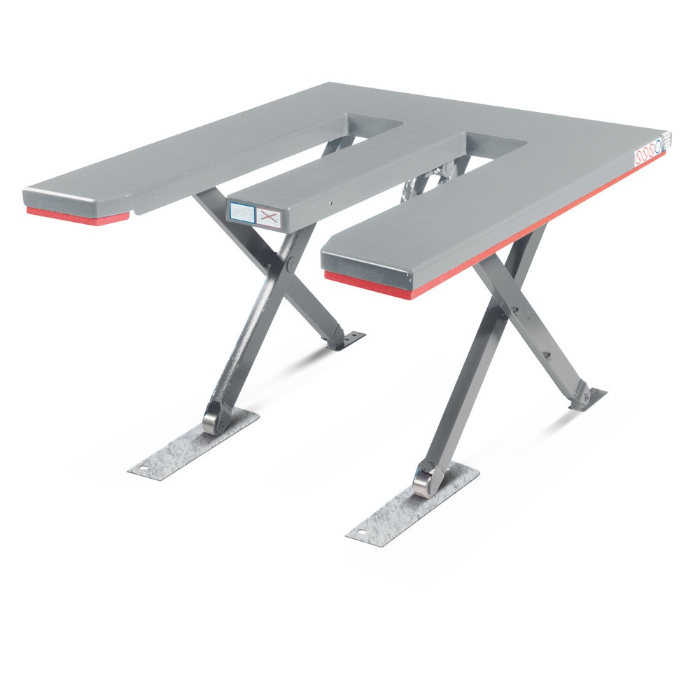 Obraz produktu: Płaski stół podnośny nożycowy FLEXLIFT, kształt E, udźwig 600 kg, wymiary blatu 1350 x 1150 mm, 230 V