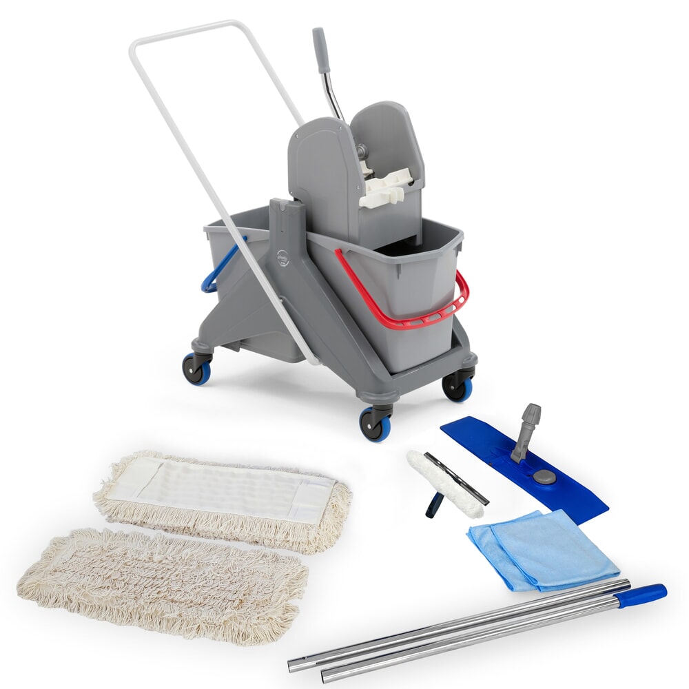 Obraz produktu: Profesjonalny zestaw wózka do sprzątania Steinbock®, zestaw z podwójnym wiadrem 2 x 15 l, 5 x mop bawełniany 500 mm, 2-częściowy chromowany drążek, składany uchwyt, 2 x ściereczka z mikrofazy i urządzenie do czyszczenia okien
