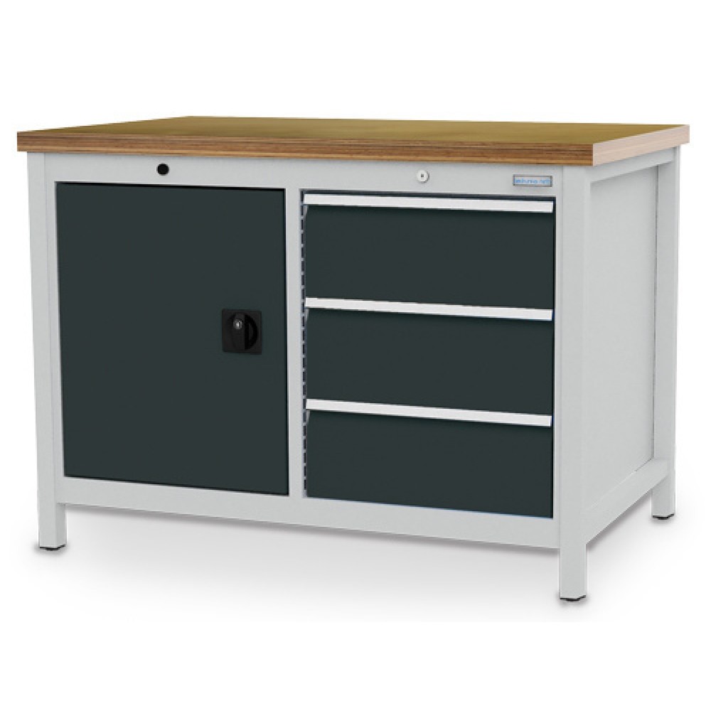 Obraz produktu: Stół warsztatowy Bedrunka+Hirth R 18-24, wys. x szer. x gł. 859 x 1250 x 750 mm, kolor jasnoszary, kolor antracytowoszary, 3 x szuflada 3 x 200 mm, 1 drzwi skrzydłowe 1 x 600 mm