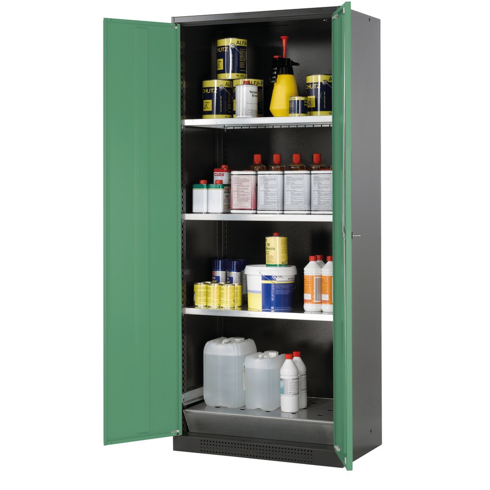 Obraz produktu: Szafa na substancje chemiczne i trucizny asecos® z półkami, wys. szer. x gł. 1950 x 810 x 520 mm, zielona rezeda