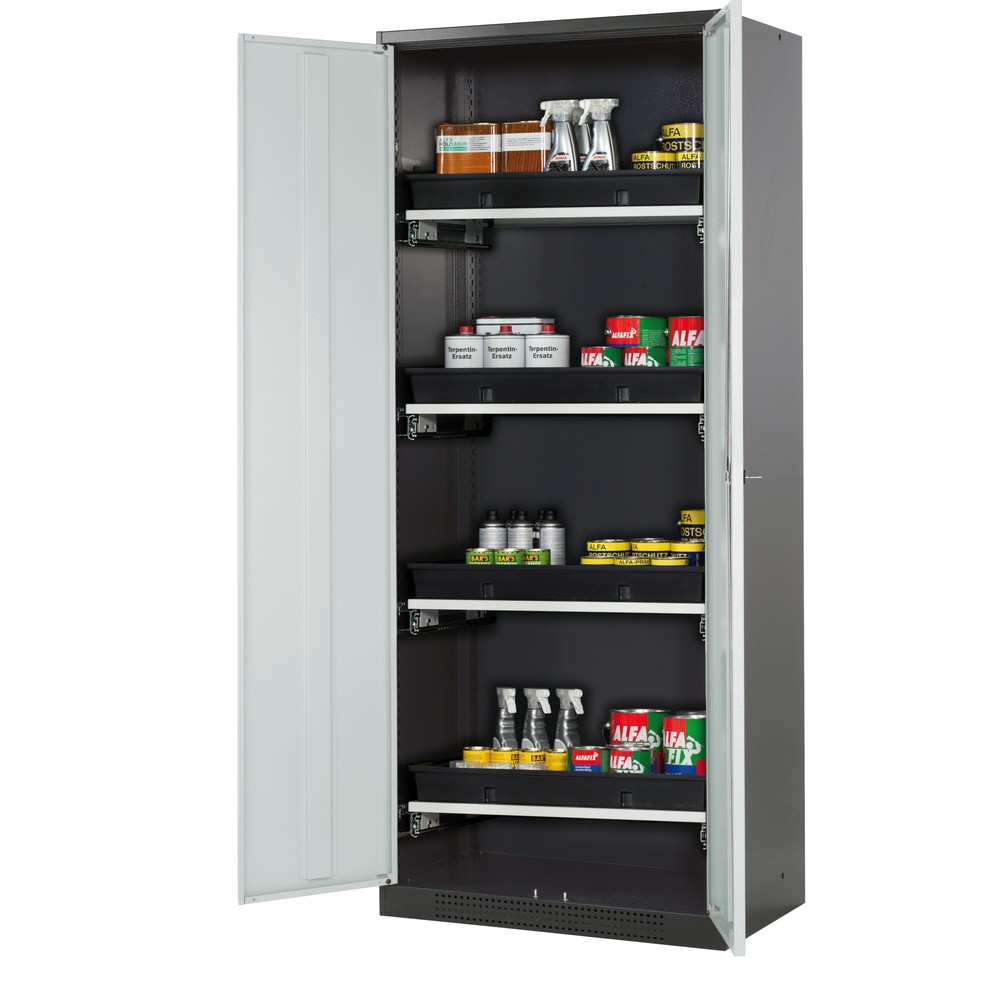 Obraz produktu: Szafa na substancje chemiczne i trucizny asecos® z tacami, wys. szer. x gł. 1950 x 810 x 520 mm, jasnoszary