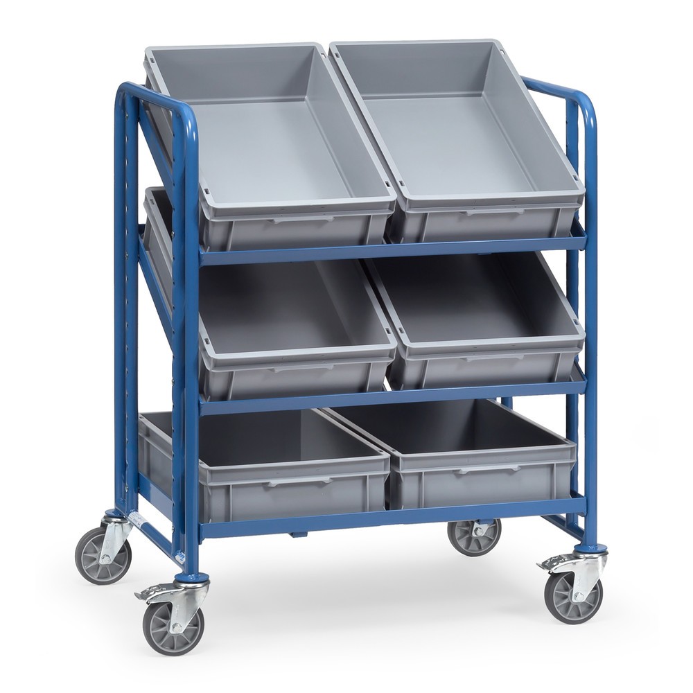 Obraz produktu: Wózek piętrowy na pojemniki euro fetra®, z pojemnikami, udźwig 250 kg, 3 x piętro o wymiarach 820 × 610 mm