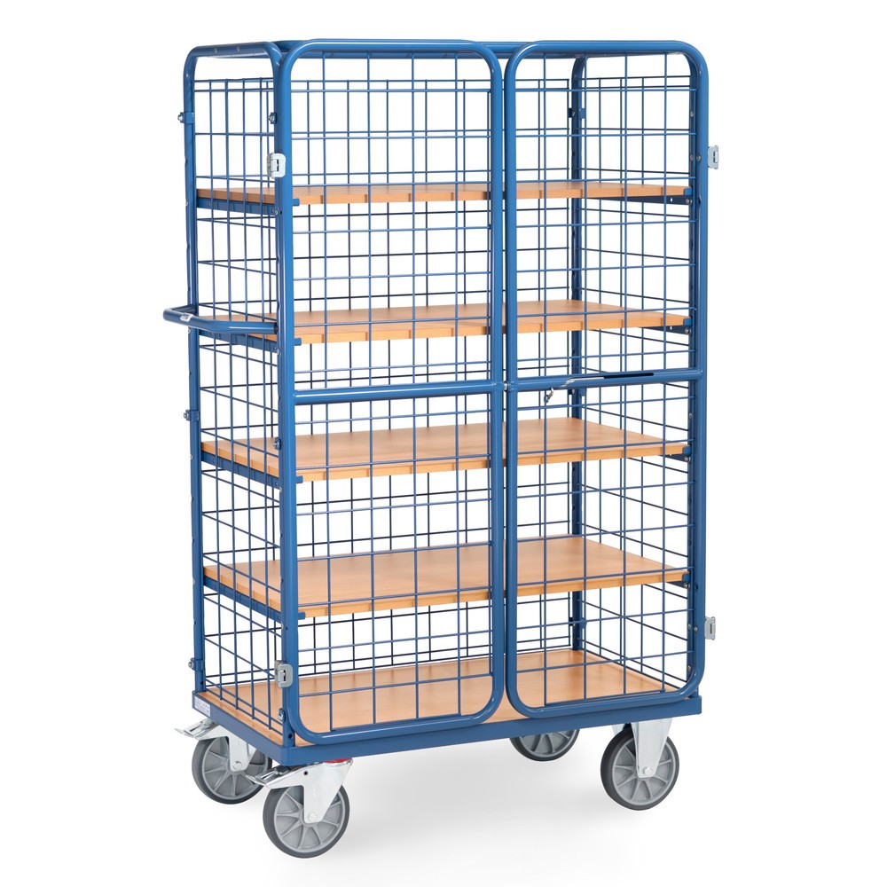 Zdjęcie produktu nr 2: Wózek z szafką fetra®, udźwig 600 kg, ściany kratowe, z drzwiami dwuskrzydłowymi, 5 pięter o wymiarach 1000 × 600 mm